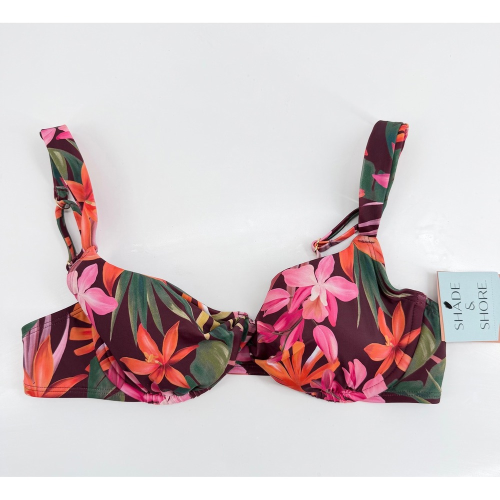 Shade & Shore Tropical Floral Underwire Bikini Top Burgundy Pink 36C NEW